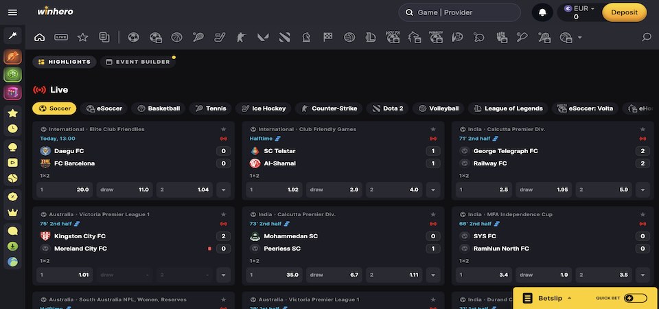 Screenshot of the WinHero sports page