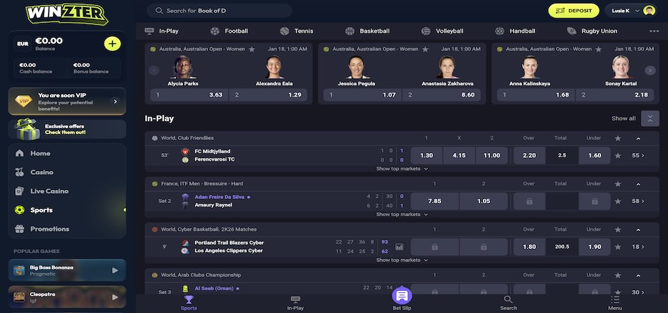 Screenshot of the Winzter sports page