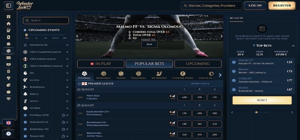 Screenshot of the Wonderluck sport page