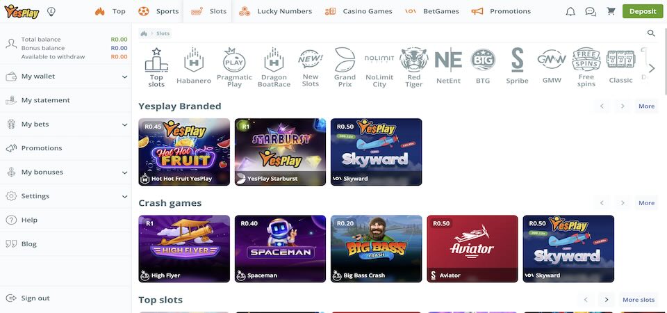 Screenshot of the YesPlay casino page