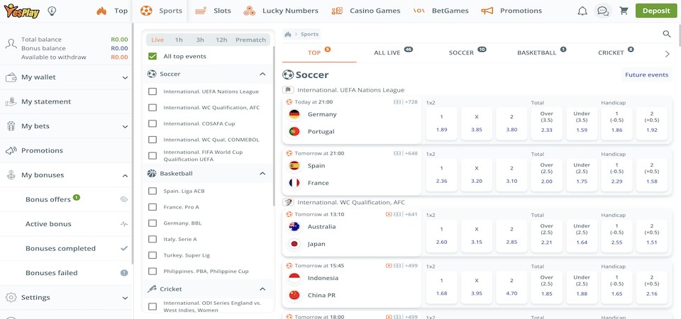 Screenshot of the YesPlay sports page