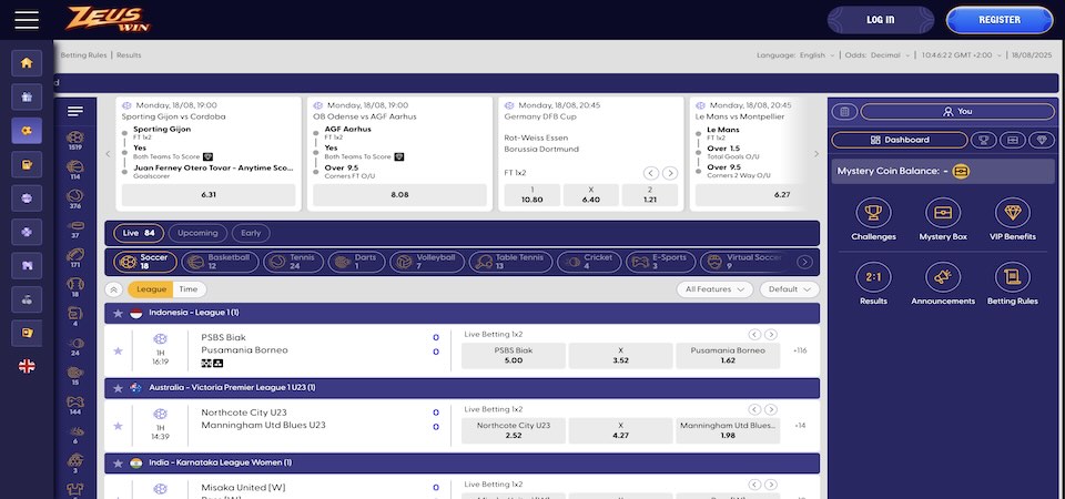 Screenshot of the ZeusWin sports page