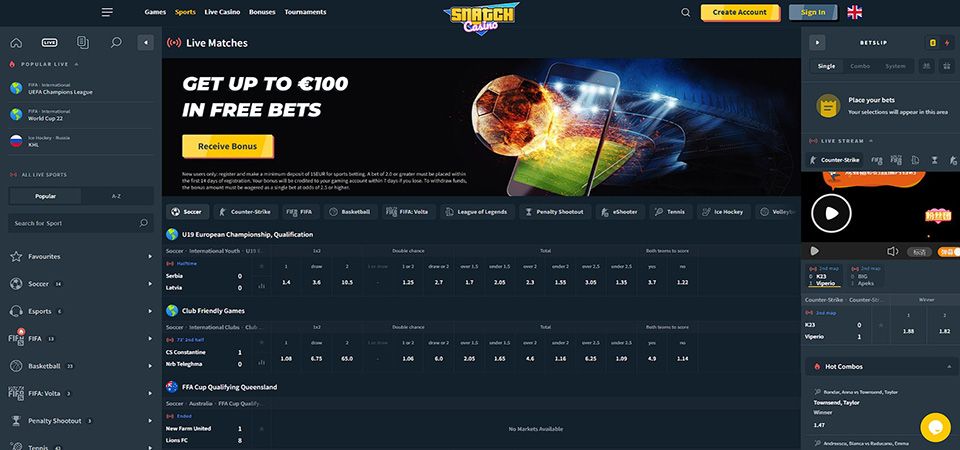 Snatchcasino LIVE betting and live streaming