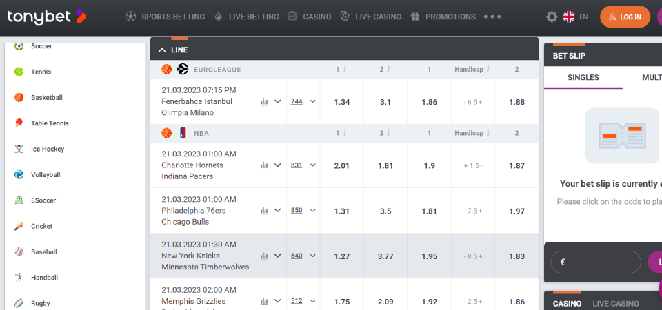 TonyBet Live Streaming Betting Markets