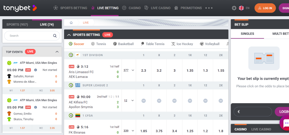 TonyBet live betting