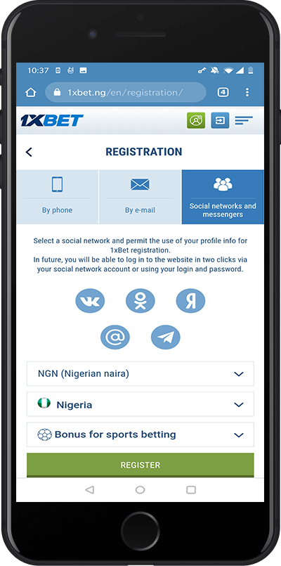 1xBet social networks registration
