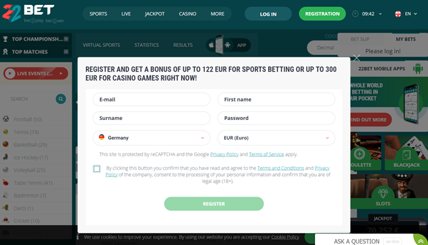 22bet registration form